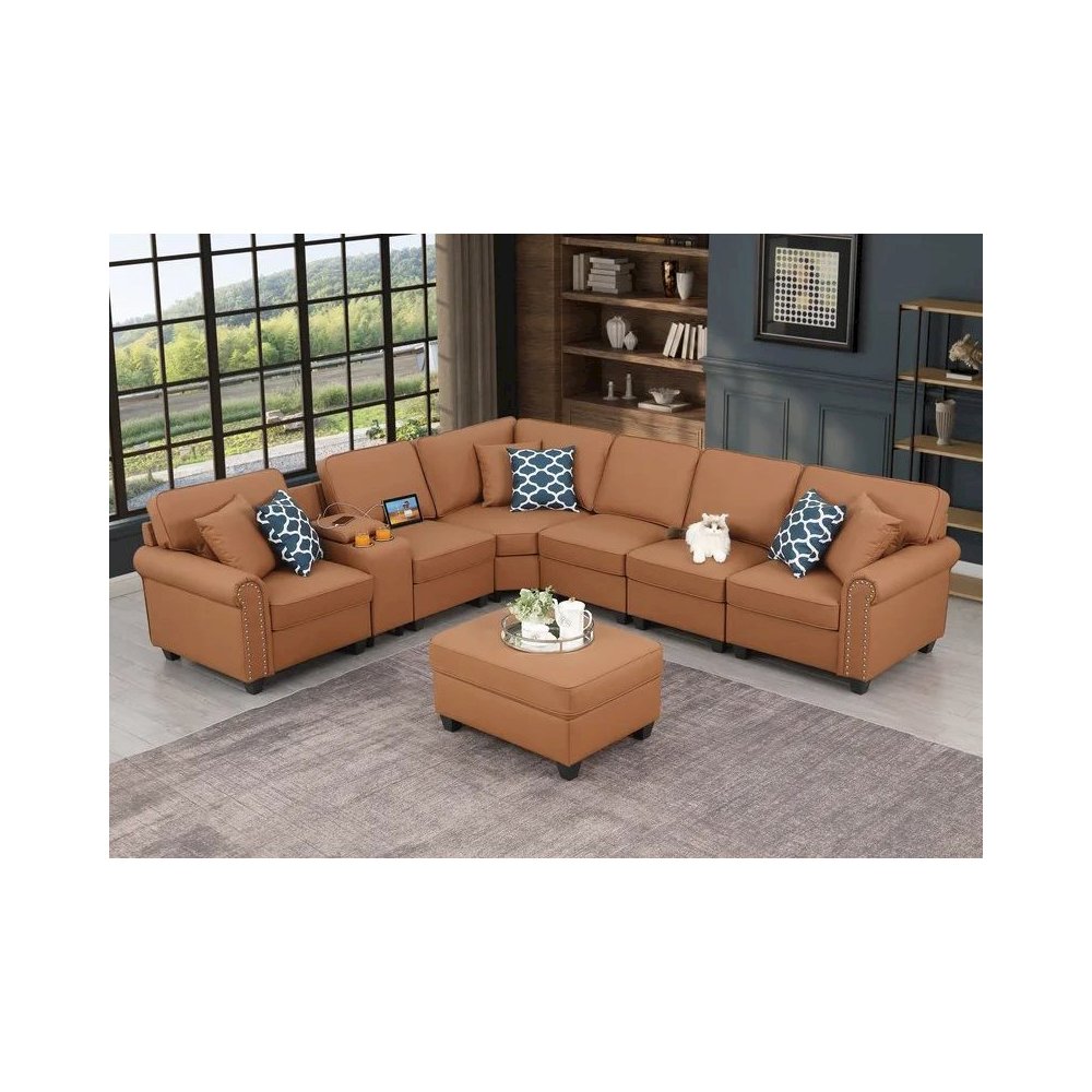 Artificial Leather Modular Sectional Sofa with ottoman and cupholder console. Picture 8