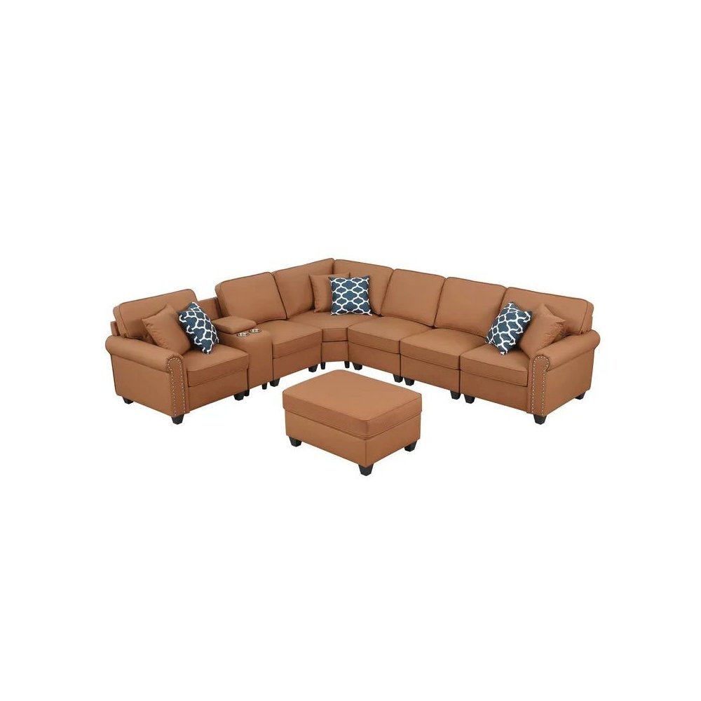 Artificial Leather Modular Sectional Sofa with ottoman and cupholder console. Picture 3