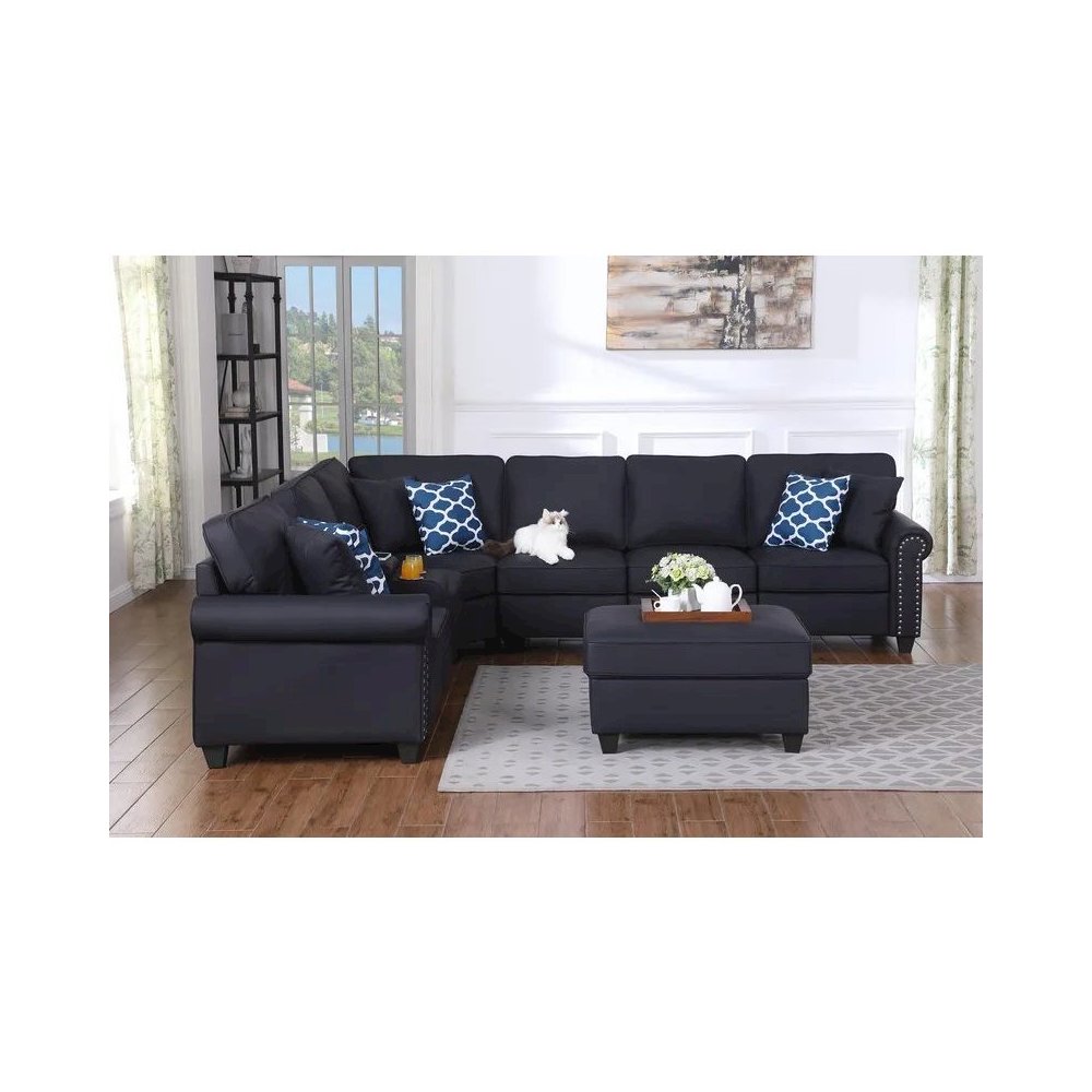 Artificial Leather Modular Sectional Sofa with ottoman and cupholder console. Picture 10