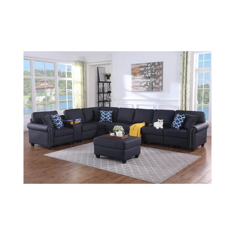 Ella Faux Leather Modular Sectional Sofa with ottoman and cupholder console. Picture 11
