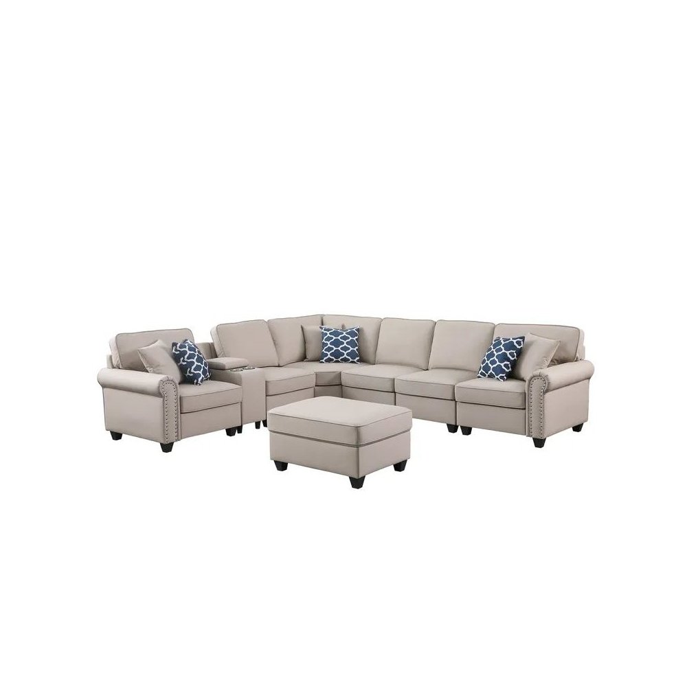 Artificial Leather Modular Sectional Sofa with ottoman and cupholder console. Picture 2