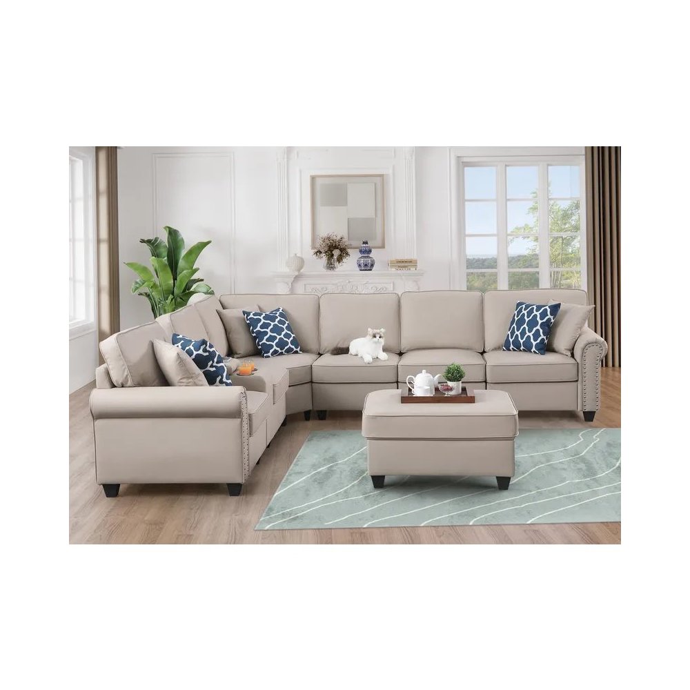 Artificial Leather Modular Sectional Sofa with ottoman and cupholder console. Picture 9