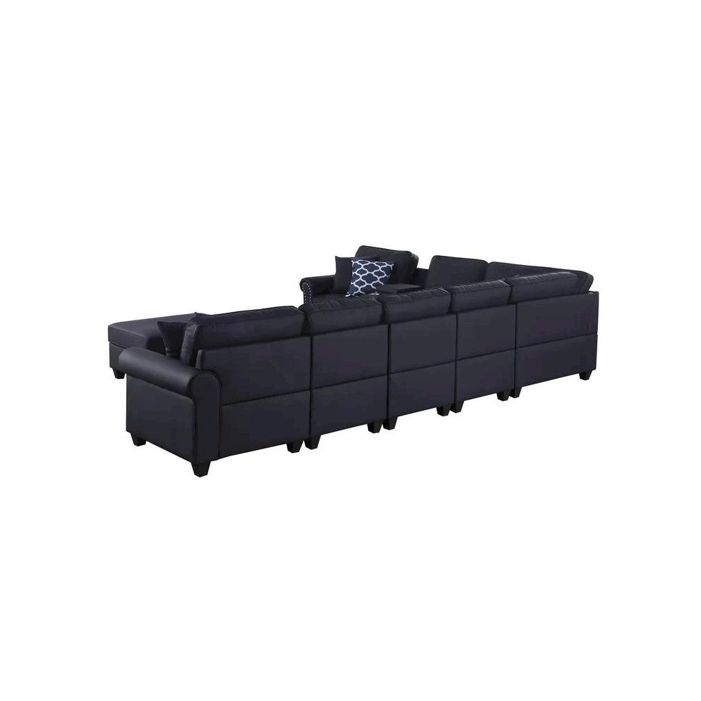 Ella Faux Leather Modular Sectional Sofa with ottoman and cupholder console. Picture 4