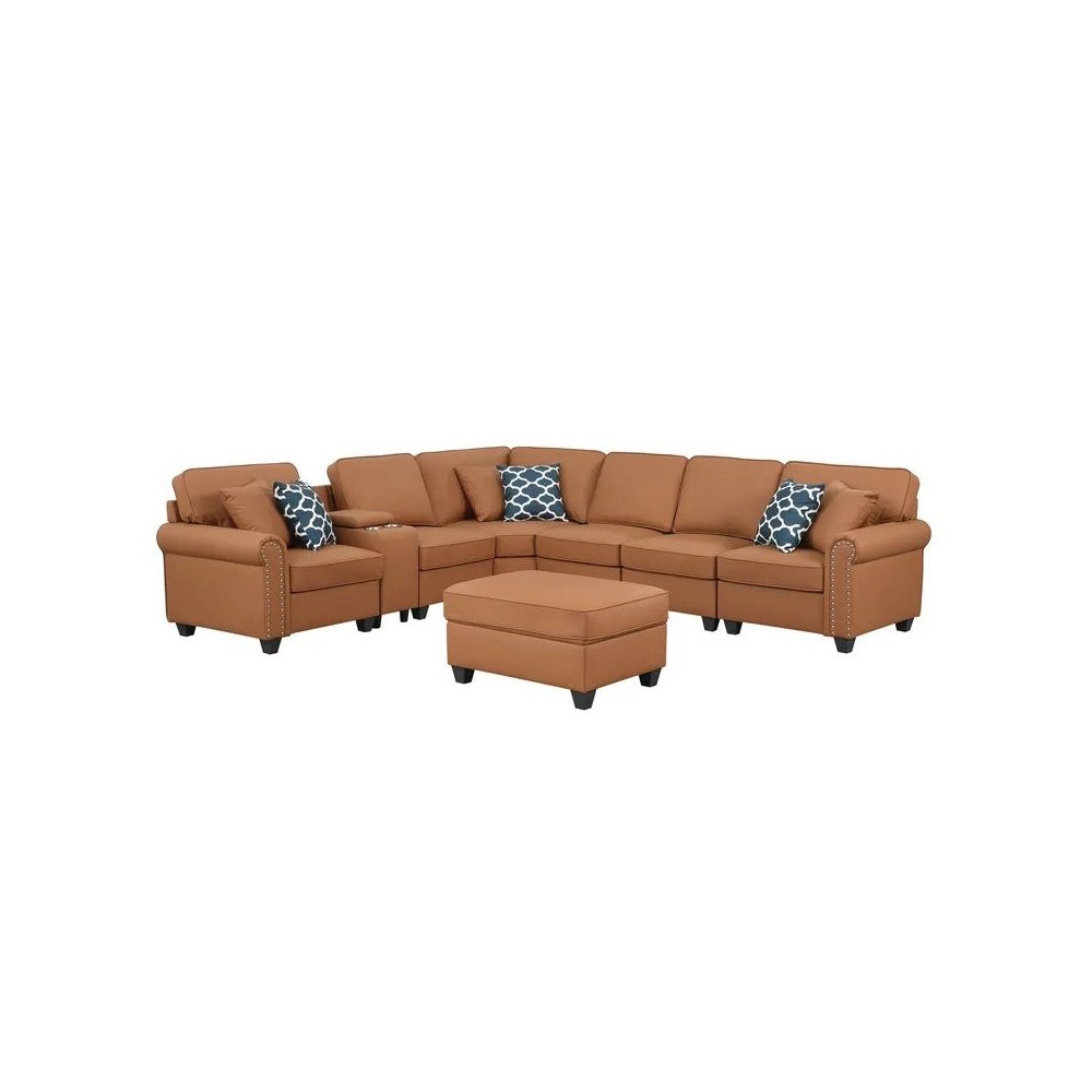 Artificial Leather Modular Sectional Sofa with ottoman and cupholder console. Picture 2