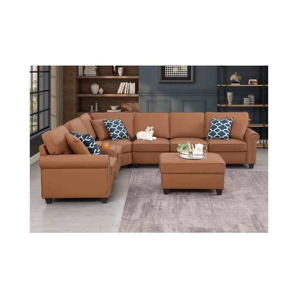Artificial Leather Modular Sectional Sofa with ottoman and cupholder console. Picture 9