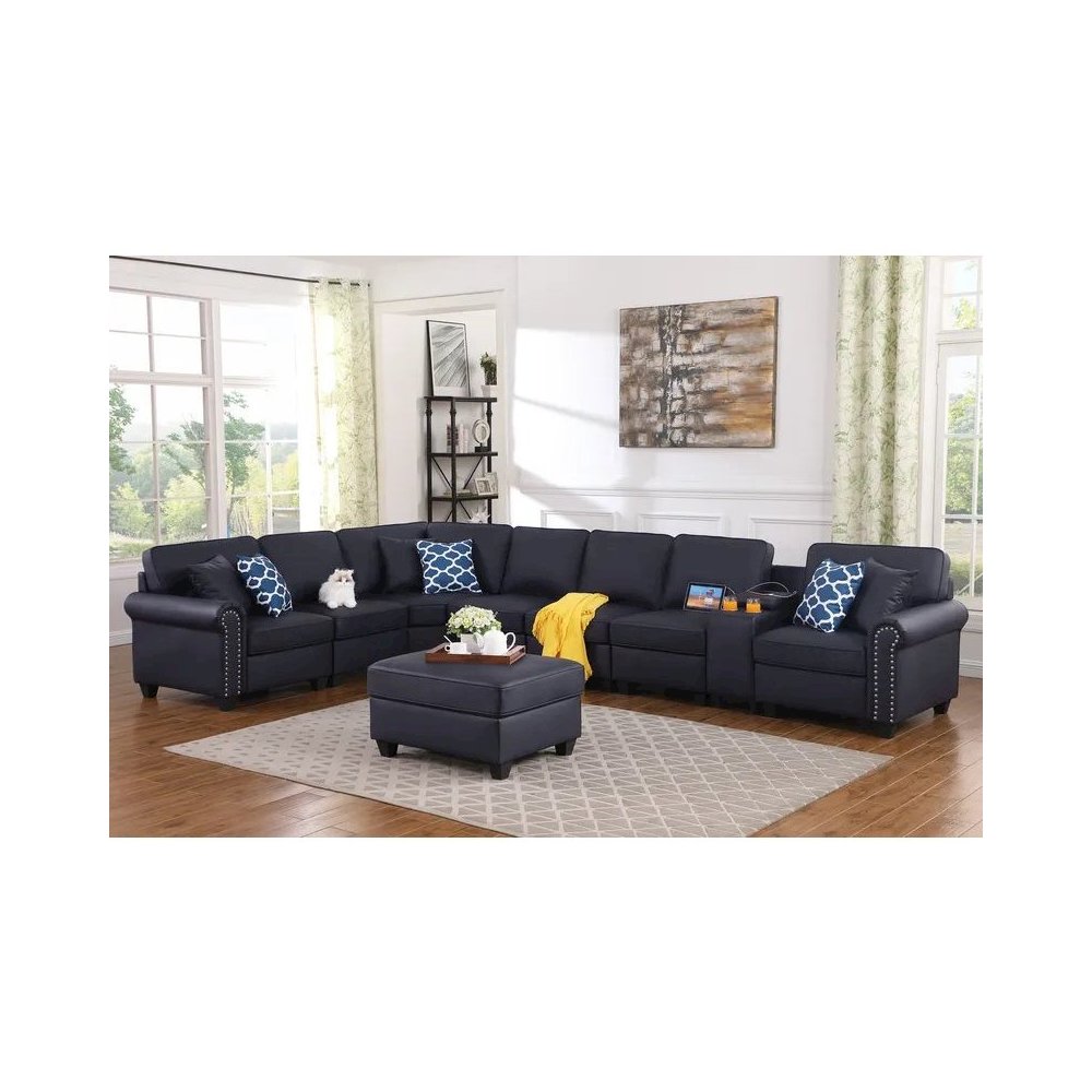 Ella Faux Leather Modular Sectional Sofa with ottoman and cupholder console. Picture 15