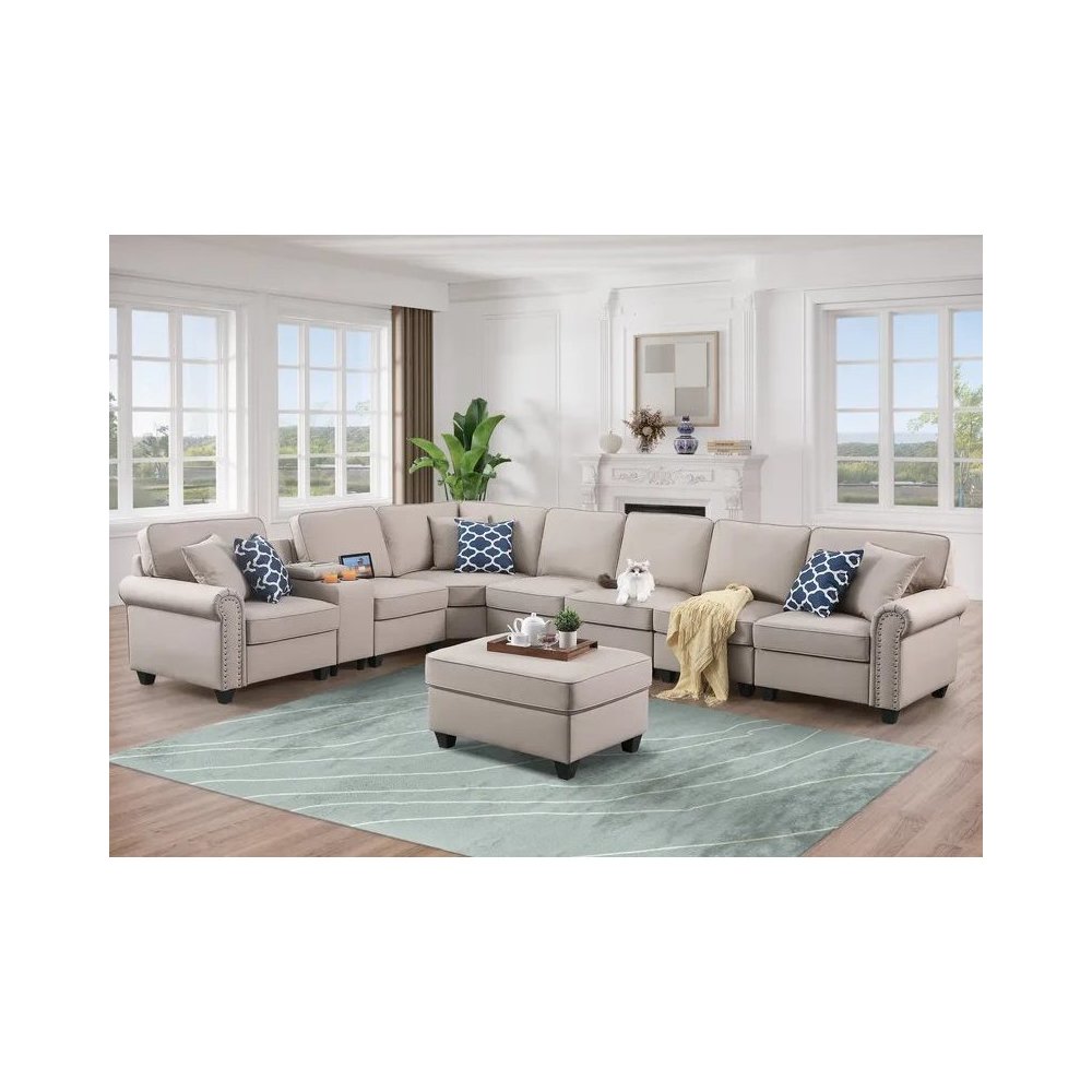 Ella Faux Leather Modular Sectional Sofa with ottoman and cupholder console. Picture 6