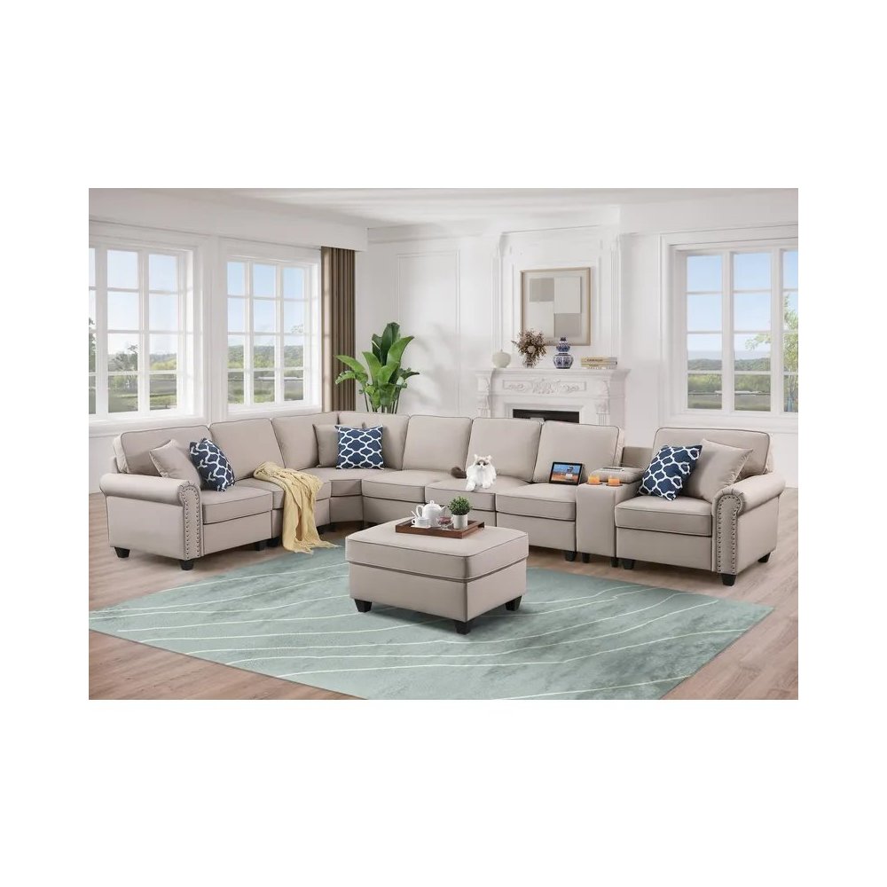 Ella Faux Leather Modular Sectional Sofa with ottoman and cupholder console. Picture 10