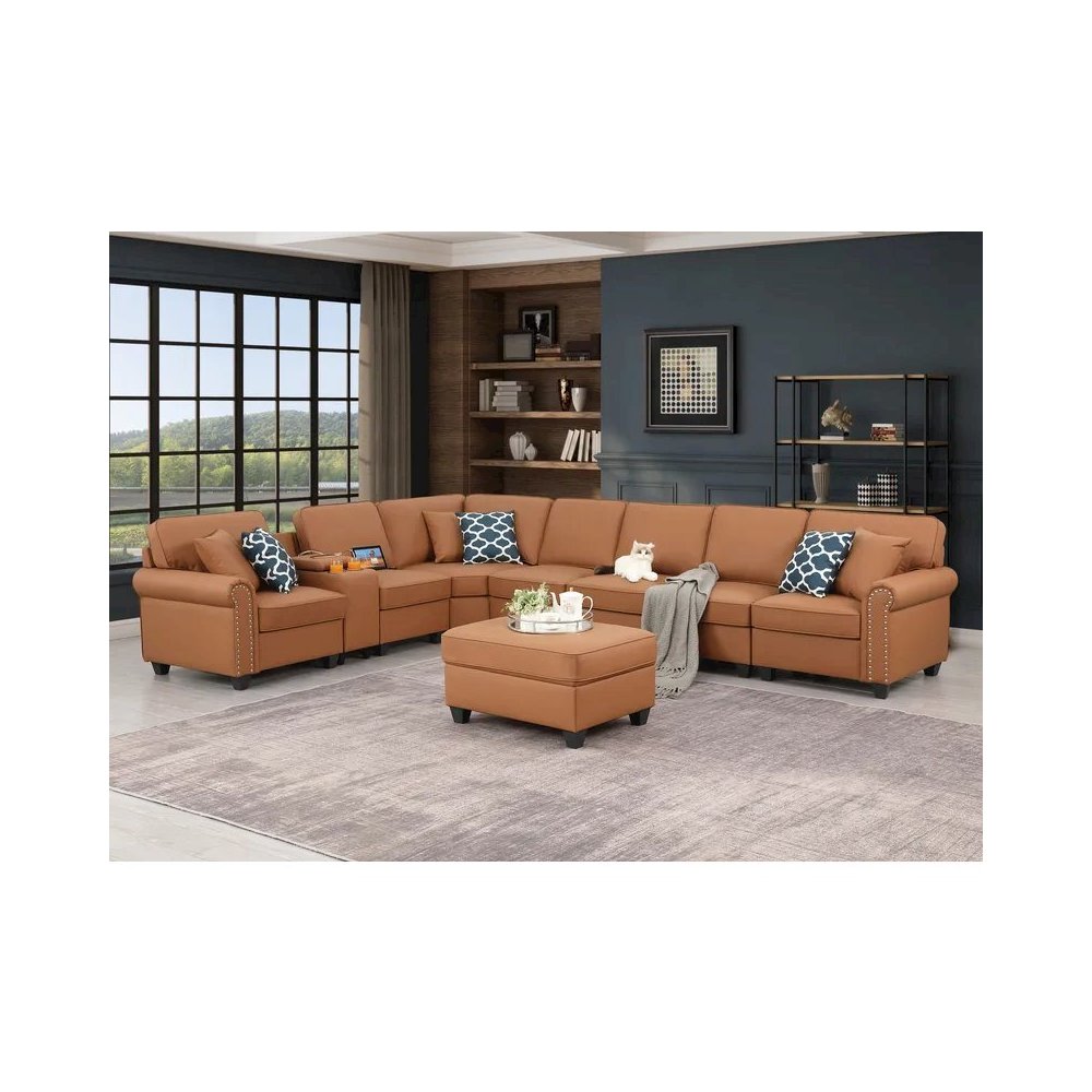 Ella Faux Leather Modular Sectional Sofa with ottoman and cupholder console. Picture 6