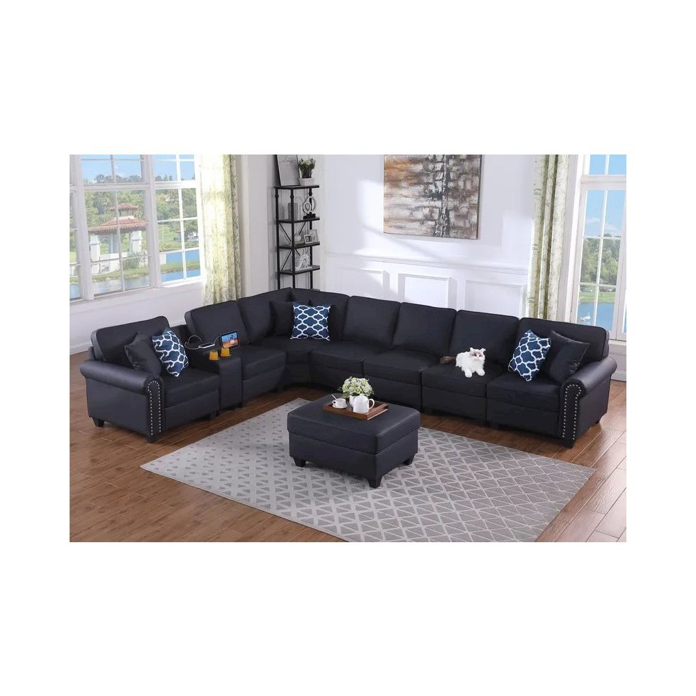 Ella Faux Leather Modular Sectional Sofa with ottoman and cupholder console. Picture 13