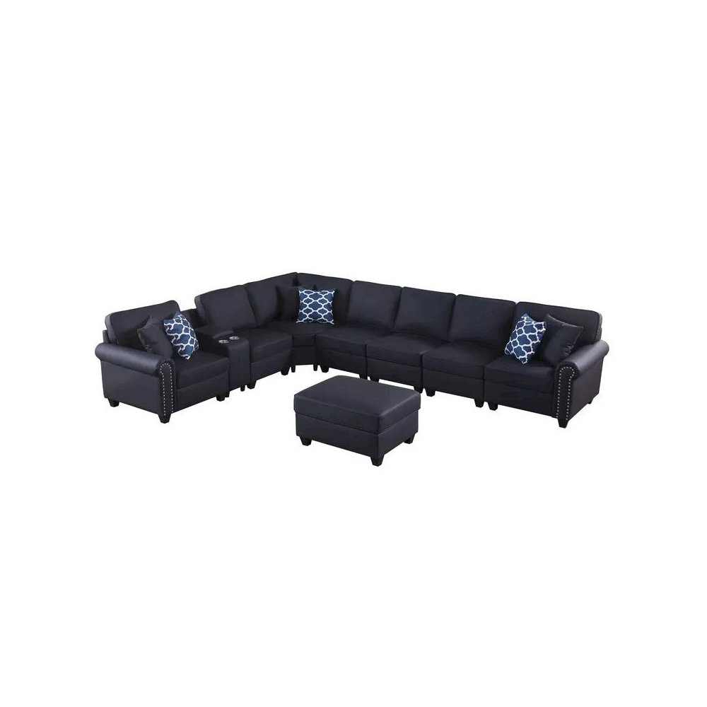 Ella Faux Leather Modular Sectional Sofa with ottoman and cupholder console. Picture 7