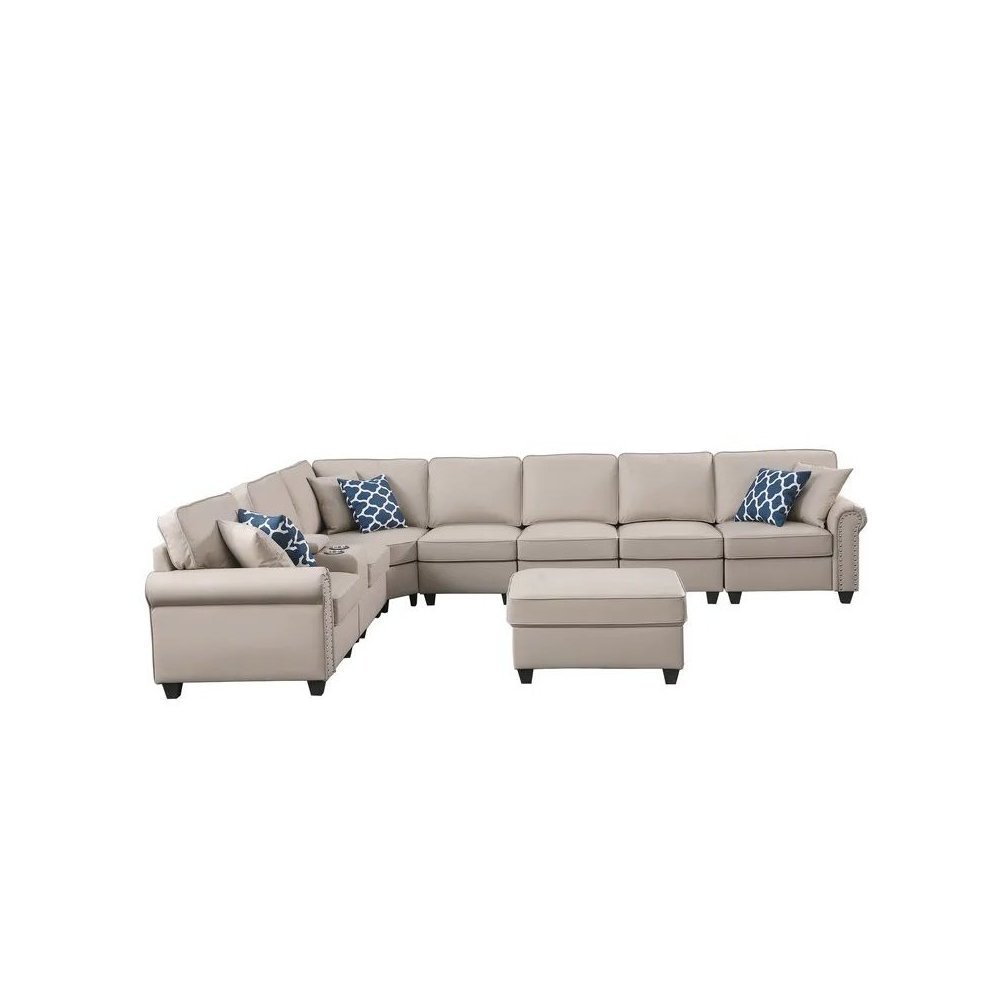 Ella Faux Leather Modular Sectional Sofa with ottoman and cupholder console. Picture 2