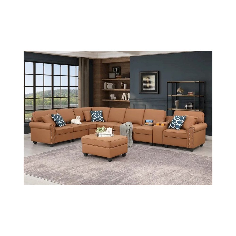 Ella Faux Leather Modular Sectional Sofa with ottoman and cupholder console. Picture 10