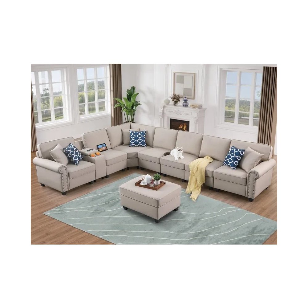 Ella Faux Leather Modular Sectional Sofa with ottoman and cupholder console. Picture 7