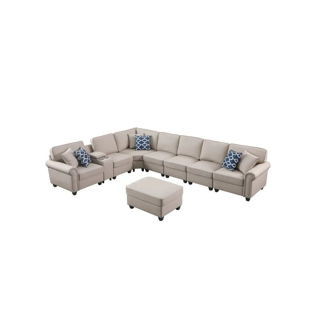 Ella Faux Leather Modular Sectional Sofa with ottoman and cupholder console. Picture 4