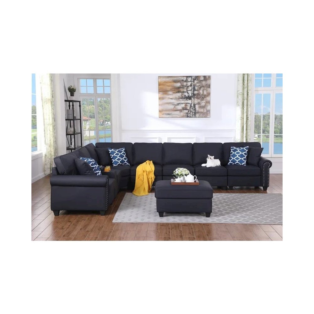 Ella Faux Leather Modular Sectional Sofa with ottoman and cupholder console. Picture 14