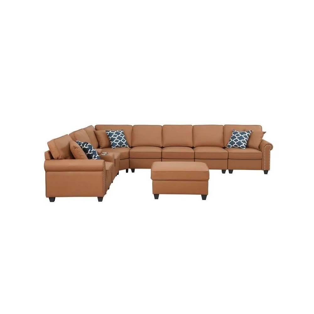 Ella Faux Leather Modular Sectional Sofa with ottoman and cupholder console. Picture 4