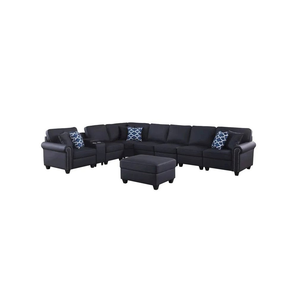 Ella Faux Leather Modular Sectional Sofa with ottoman and cupholder console. Picture 6