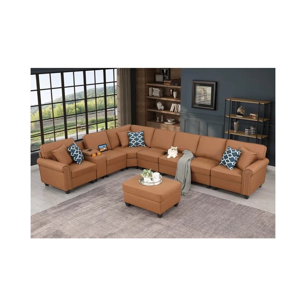 Ella Faux Leather Modular Sectional Sofa with ottoman and cupholder console. Picture 8
