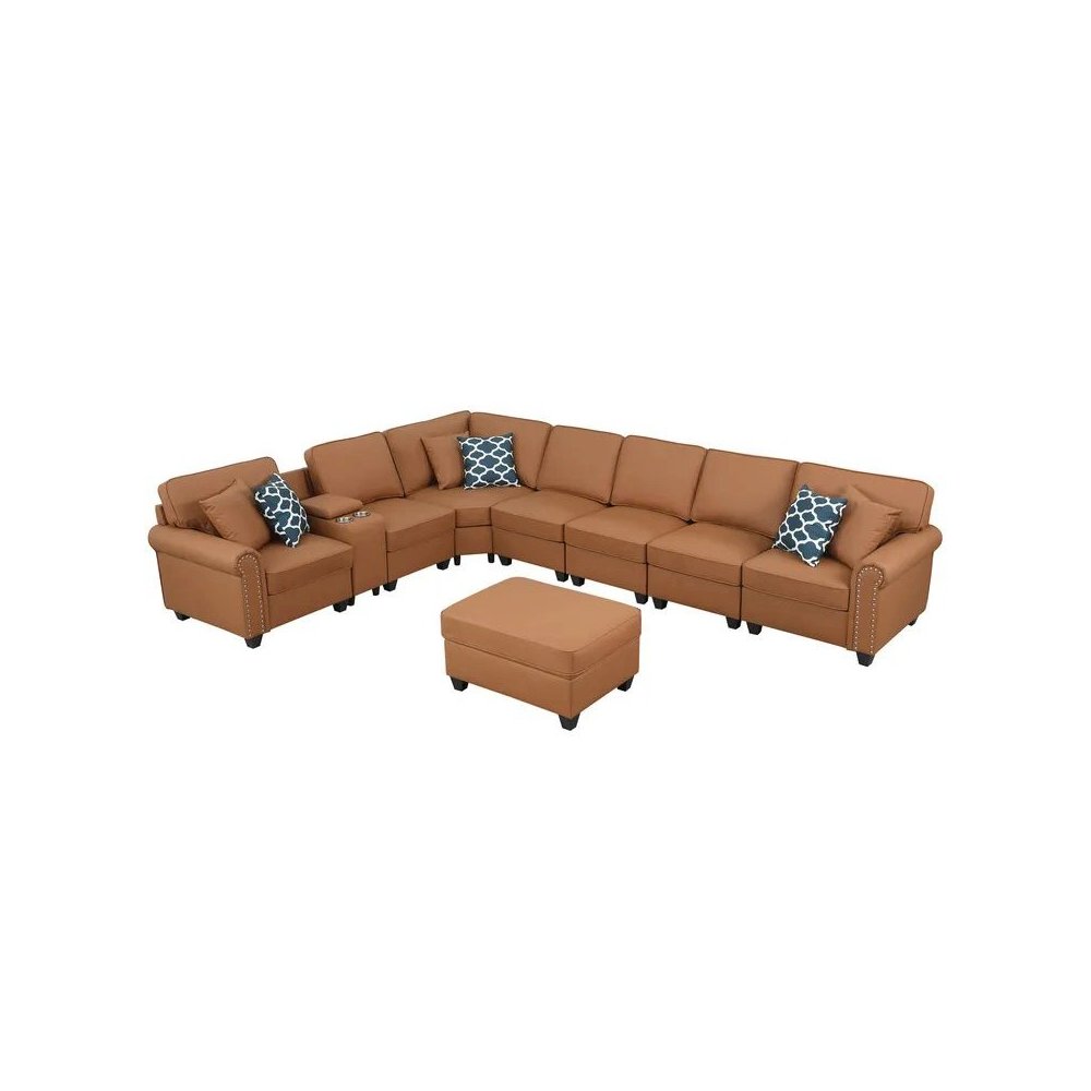 Ella Faux Leather Modular Sectional Sofa with ottoman and cupholder console. Picture 3