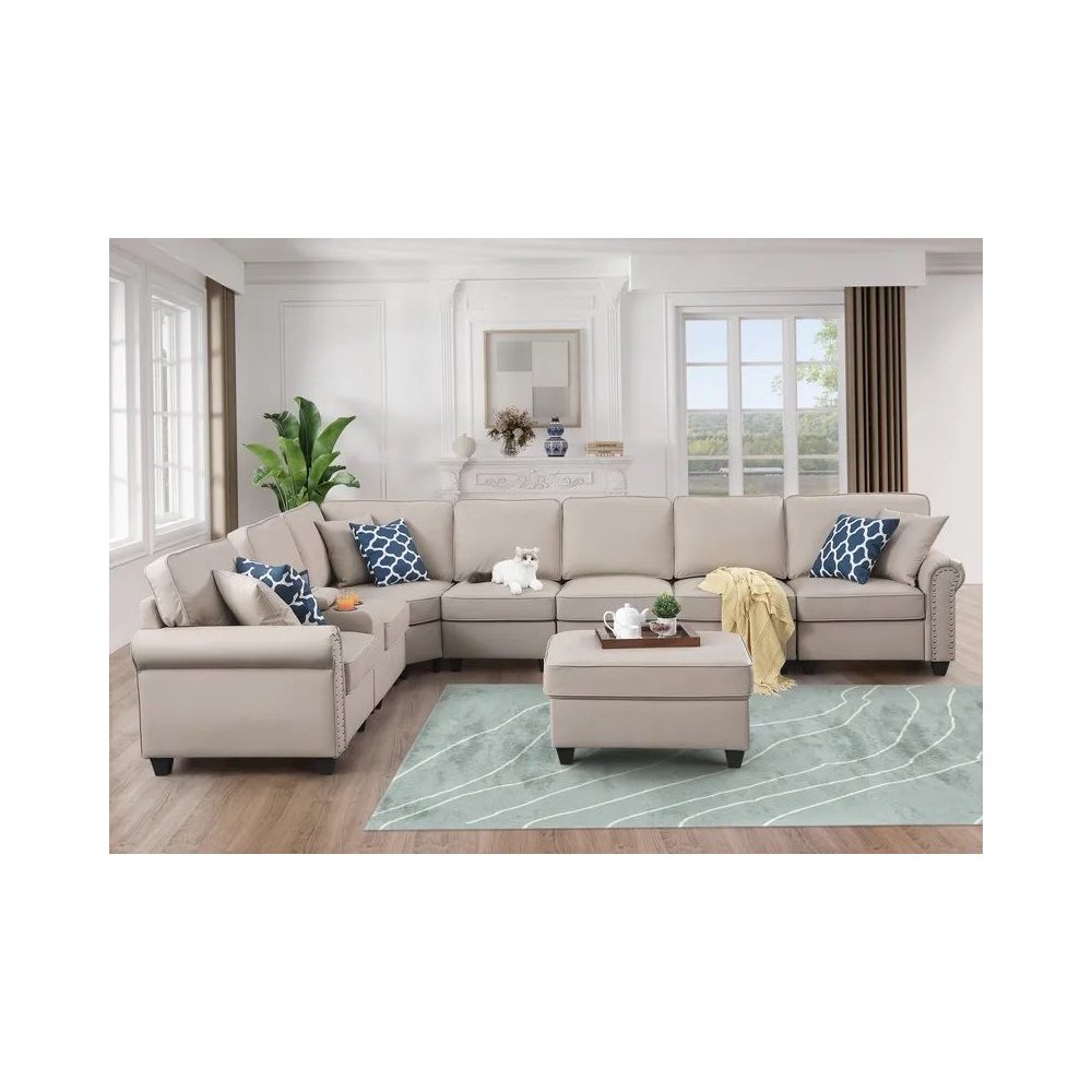 Ella Faux Leather Modular Sectional Sofa with ottoman and cupholder console. Picture 8