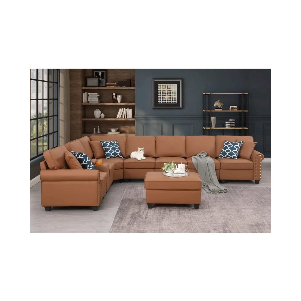 Ella Faux Leather Modular Sectional Sofa with ottoman and cupholder console. Picture 9