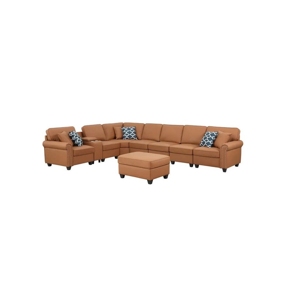 Ella Faux Leather Modular Sectional Sofa with ottoman and cupholder console. Picture 2