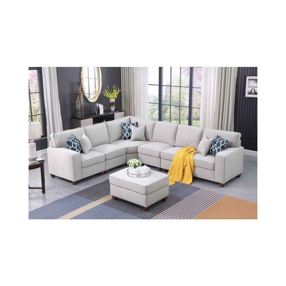 Devion Furniture 7-Piece Upholstered Fabric Sectional with Ottoman in Light Gray. Picture 1