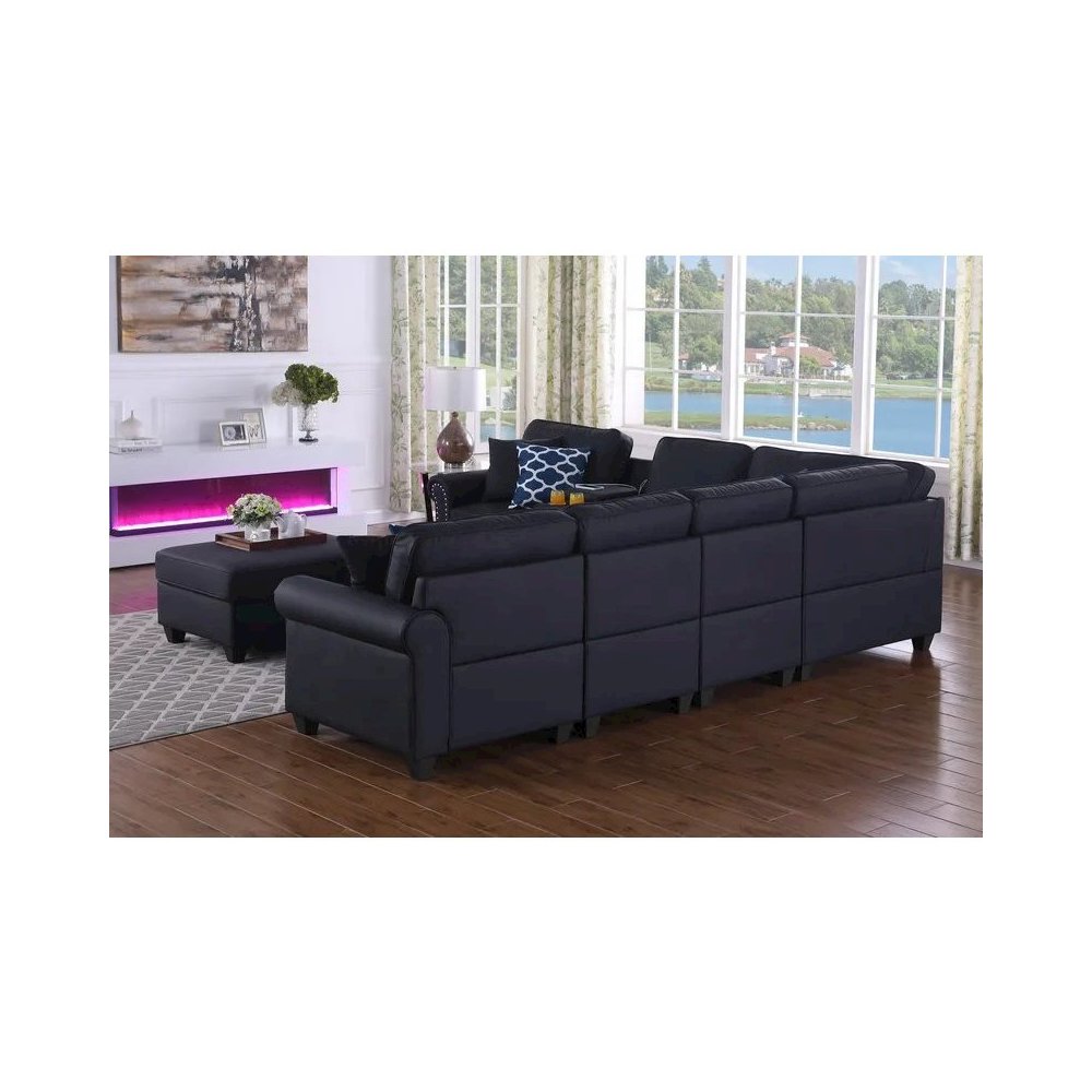 Artificial Leather Modular Sectional Sofa with ottoman and cupholder console. Picture 8