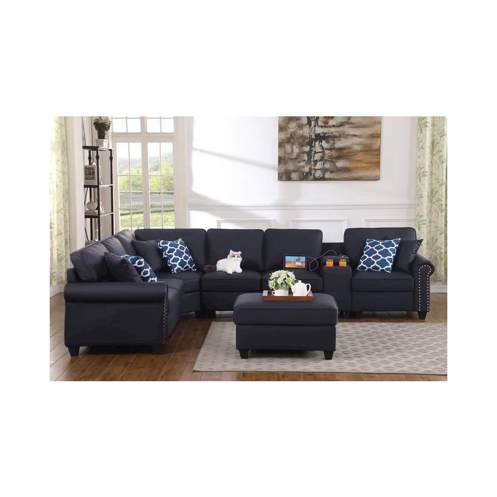 Artificial Leather Modular Sectional Sofa with ottoman and cupholder console. Picture 12