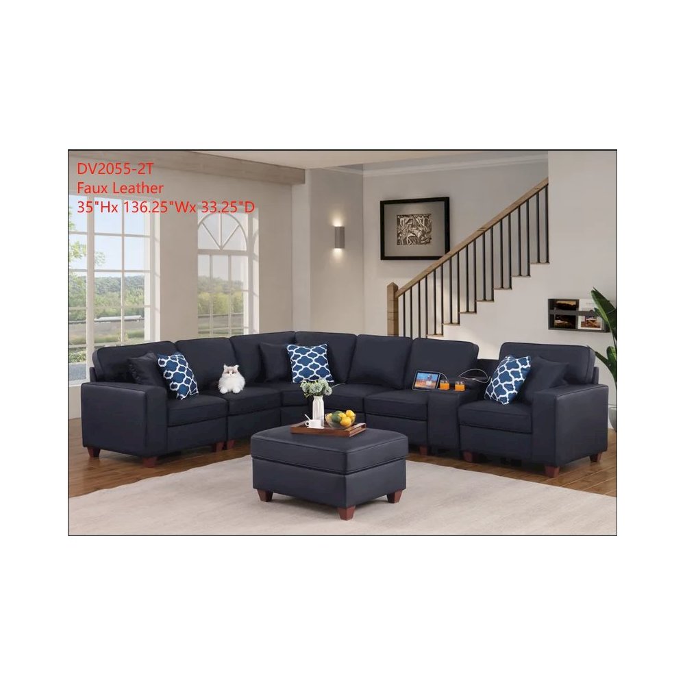 Artificial Leather Modular Sectional With Ottoman And Cupholder Console - Black. Picture 1