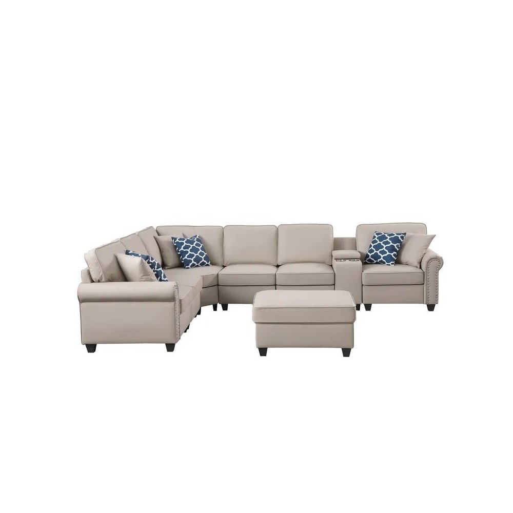 Artificial Leather Modular Sectional Sofa with ottoman and cupholder console. Picture 1