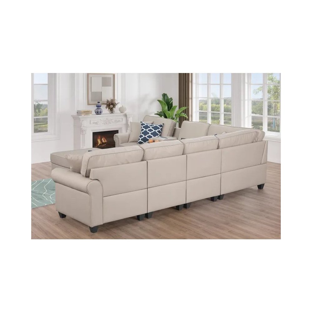 Artificial Leather Modular Sectional Sofa with ottoman and cupholder console. Picture 7