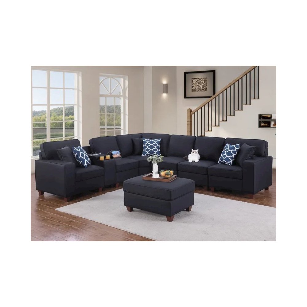 Artificial Leather Modular Sectional With Ottoman And Cupholder Console - Black. Picture 2