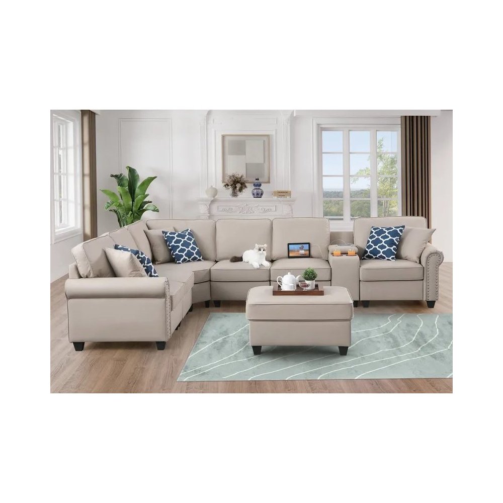 Artificial Leather Modular Sectional Sofa with ottoman and cupholder console. Picture 11