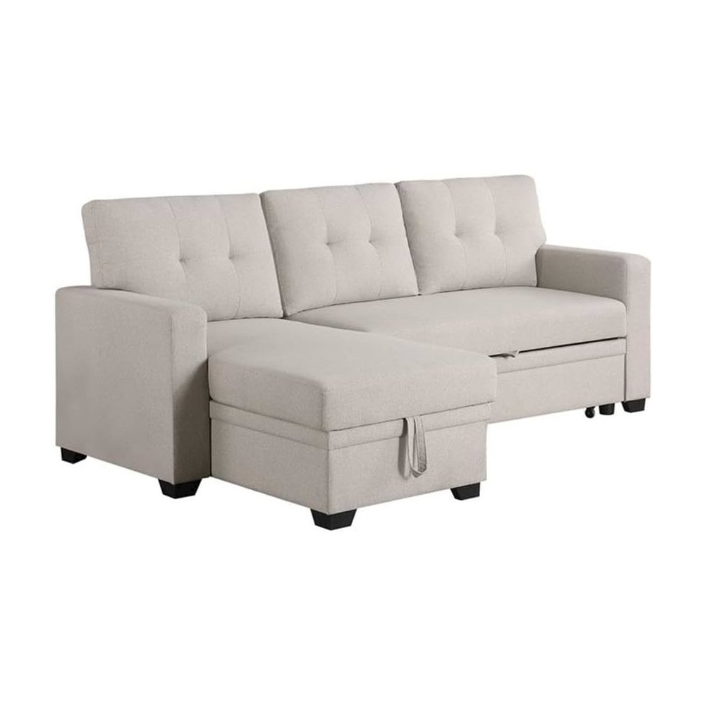 Devion Furniture Polyester Fabric Reversible Sleeper Sectional Sofa-Beige. Picture 1