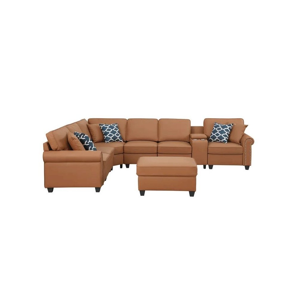 Artificial Leather Modular Sectional Sofa with ottoman and cupholder console. Picture 1