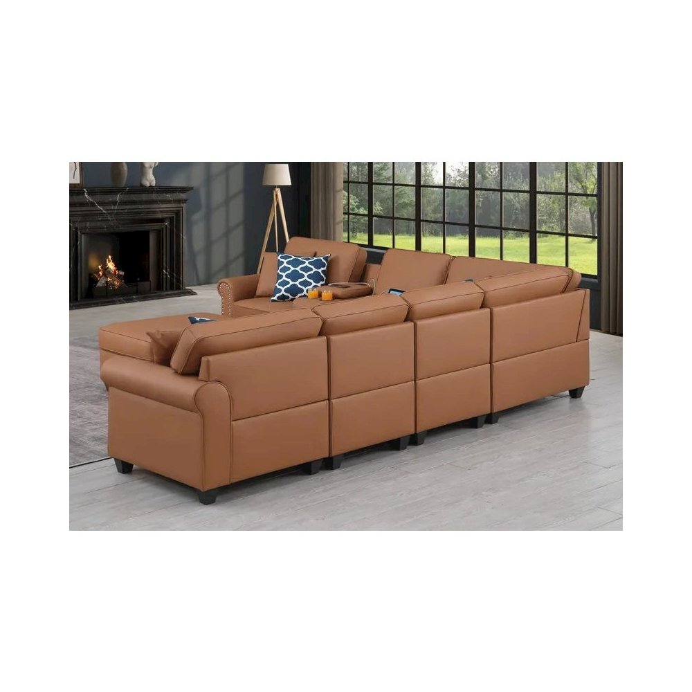 Artificial Leather Modular Sectional Sofa with ottoman and cupholder console. Picture 7