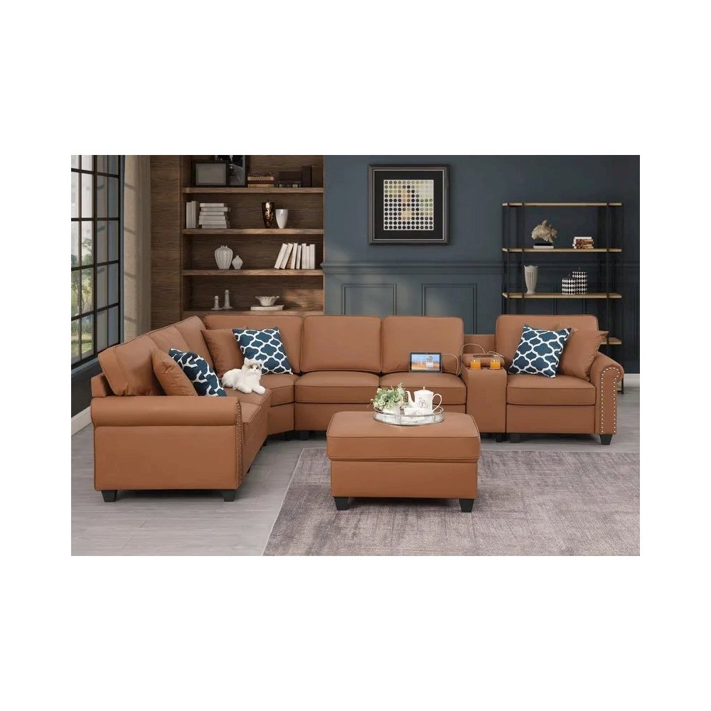 Artificial Leather Modular Sectional Sofa with ottoman and cupholder console. Picture 11