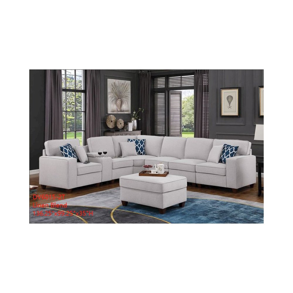 8-Piece Linen Fabric Upholstered Sectional With Console & Ottoman-Light Gray. Picture 1