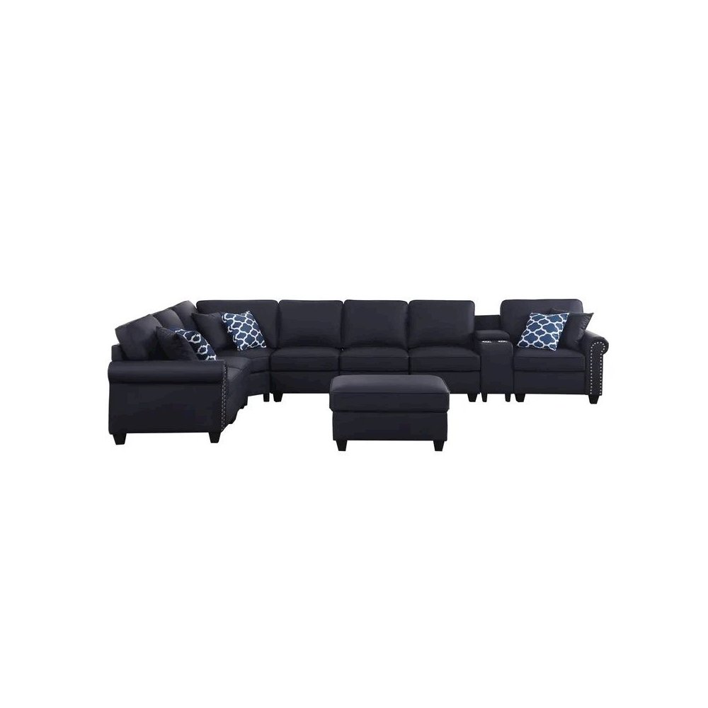 Ella Faux Leather Modular Sectional Sofa with ottoman and cupholder console. Picture 1