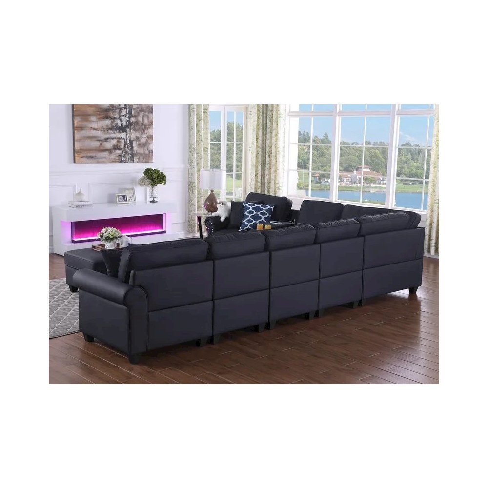 Ella Faux Leather Modular Sectional Sofa with ottoman and cupholder console. Picture 12