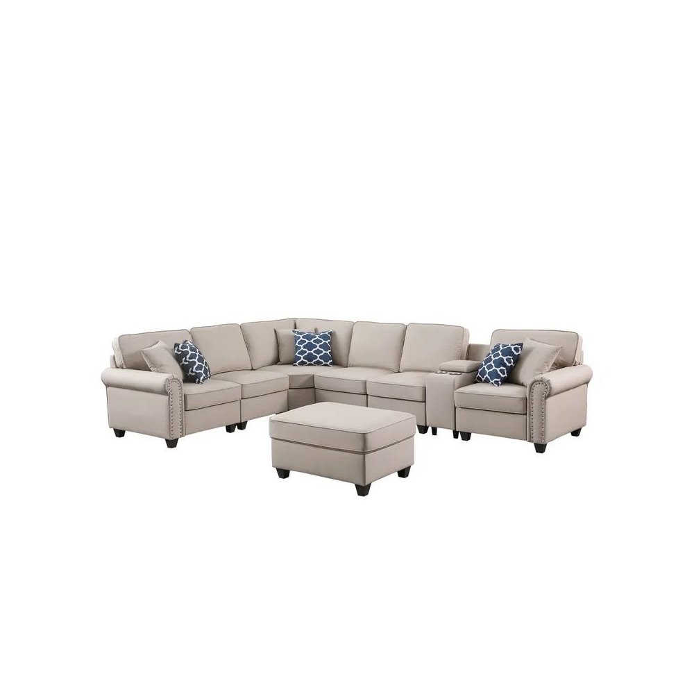 Artificial Leather Modular Sectional Sofa with ottoman and cupholder console. Picture 5