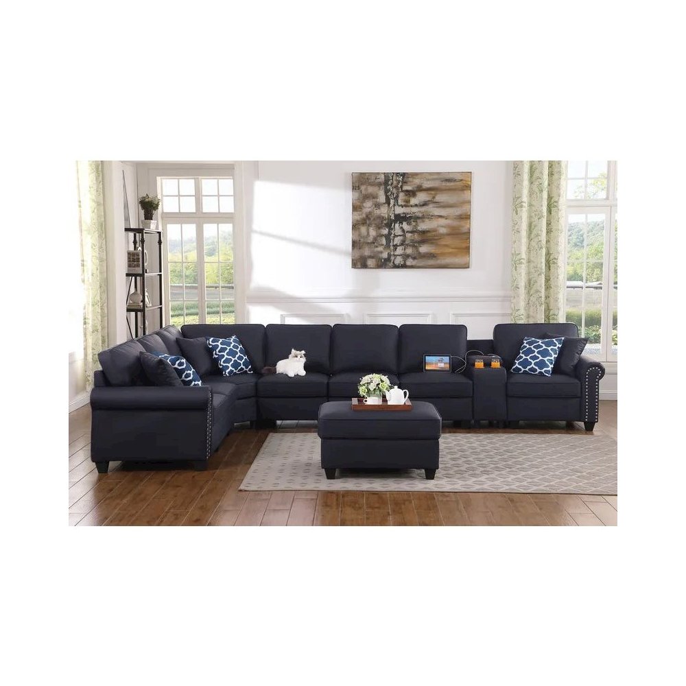 Ella Faux Leather Modular Sectional Sofa with ottoman and cupholder console. Picture 16