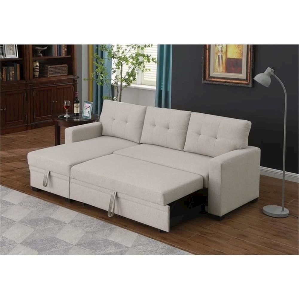 Devion Furniture Polyester Fabric Reversible Sleeper Sectional Sofa-Beige. Picture 3