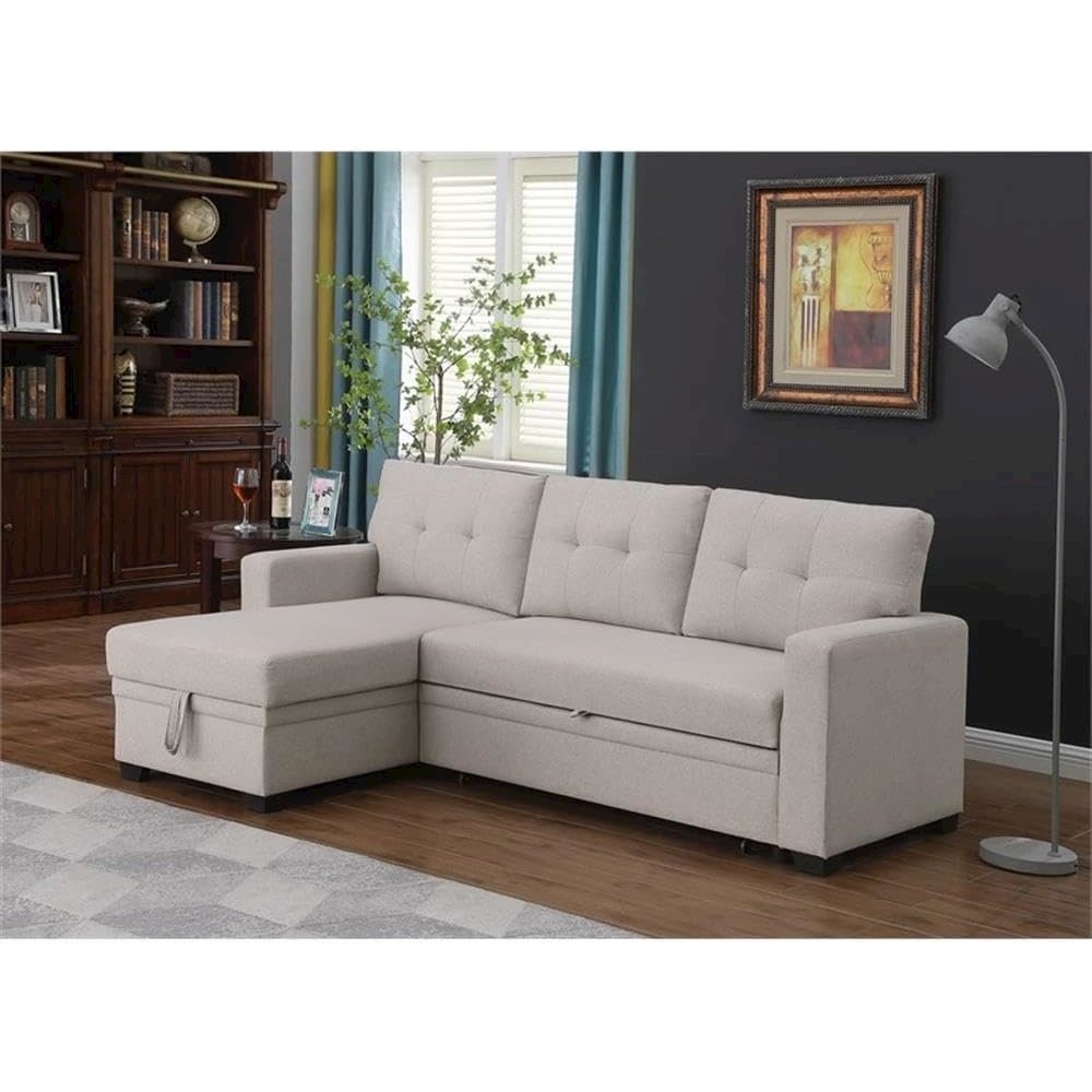 Devion Furniture Polyester Fabric Reversible Sleeper Sectional Sofa-Beige. Picture 4