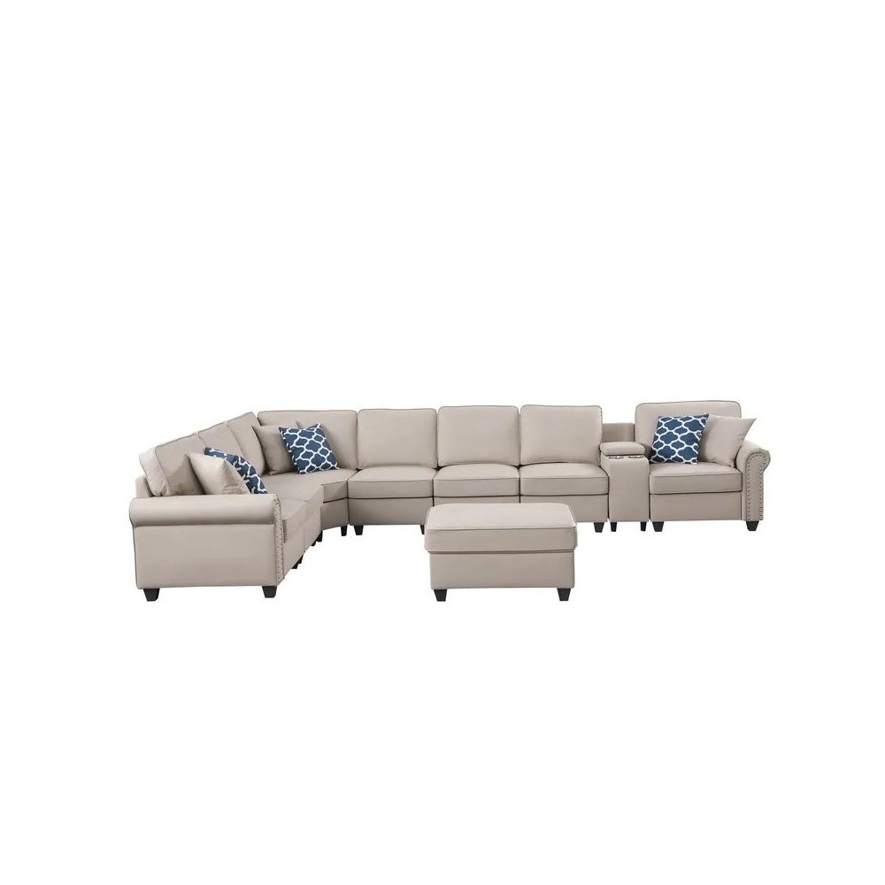 Ella Faux Leather Modular Sectional Sofa with ottoman and cupholder console. Picture 1