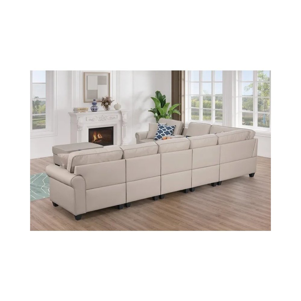 Ella Faux Leather Modular Sectional Sofa with ottoman and cupholder console. Picture 9