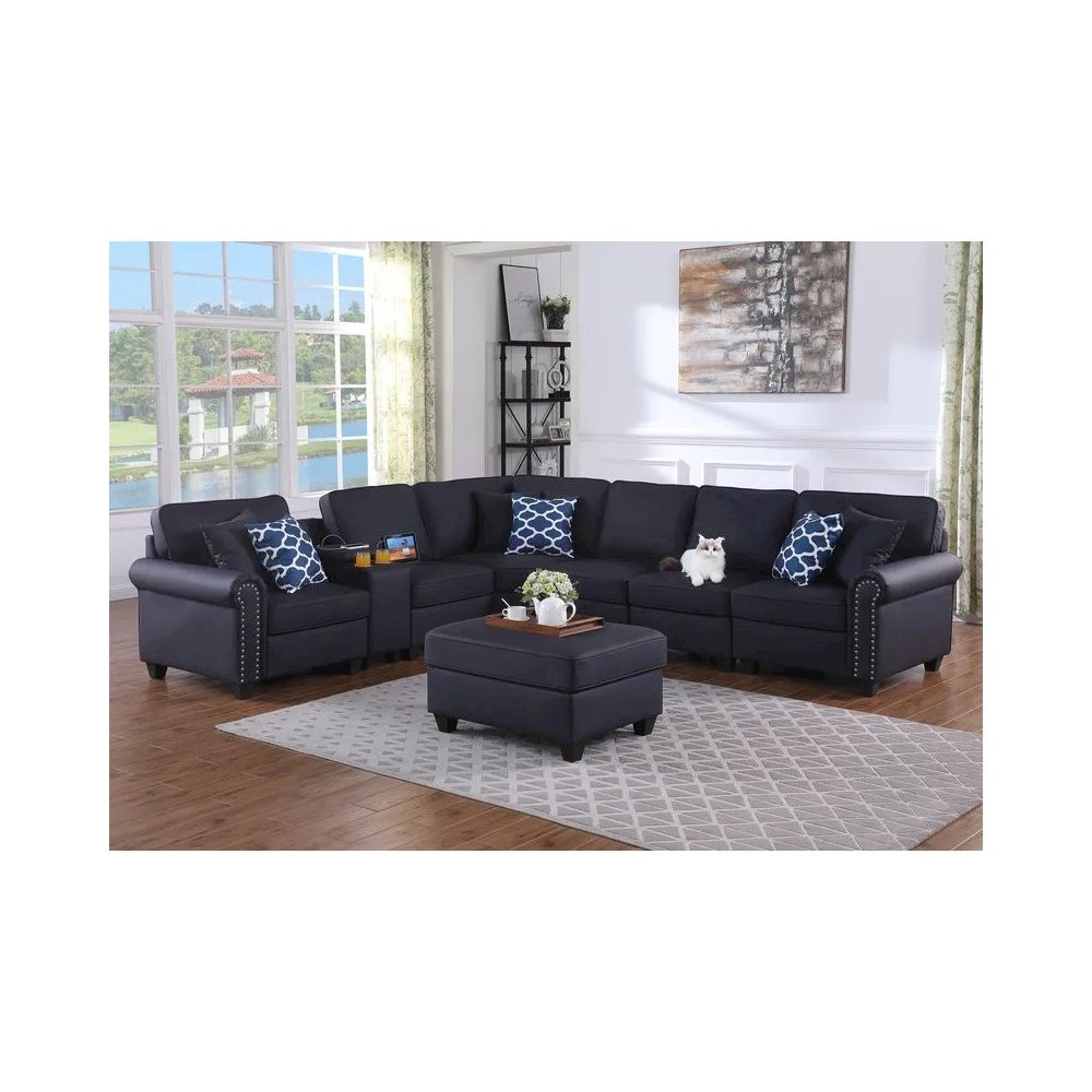 Artificial Leather Modular Sectional Sofa with ottoman and cupholder console. Picture 7