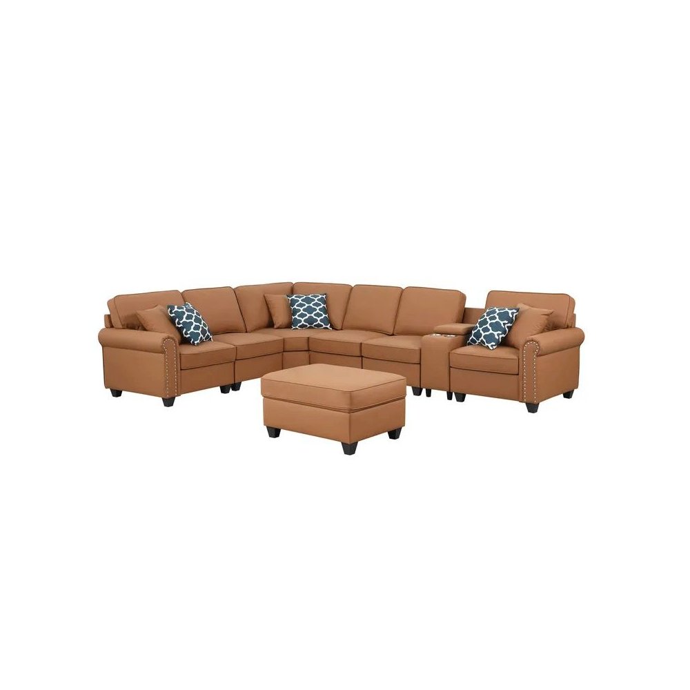 Artificial Leather Modular Sectional Sofa with ottoman and cupholder console. Picture 5